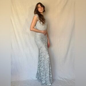 Y2K Vintage Silver Mermaid Lace Cutout Bodycon Dress